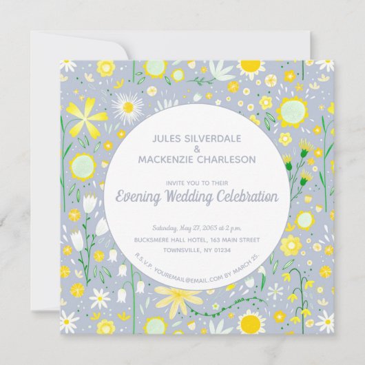 Modern Blue Yellow Floral Evening Wedding Kaart (Voorkant)
