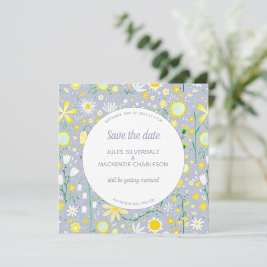 Modern Blue Yellow Floral Save The Date (Staand voorkant)