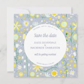 Modern Blue Yellow Floral Save The Date (Voorkant)