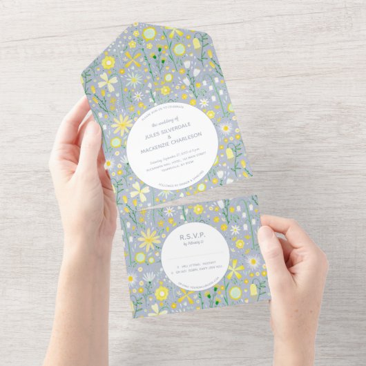 Modern Blue Yellow Floral Wedding All In One Uitnodiging (Afscheurbaar)