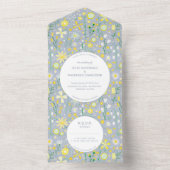 Modern Blue Yellow Floral Wedding All In One Uitnodiging (Binnen)