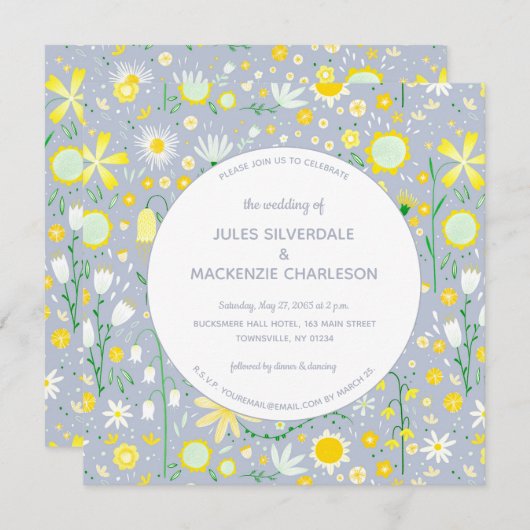 Modern Blue Yellow Floral Wedding Kaart (Voorkant / Achterkant)