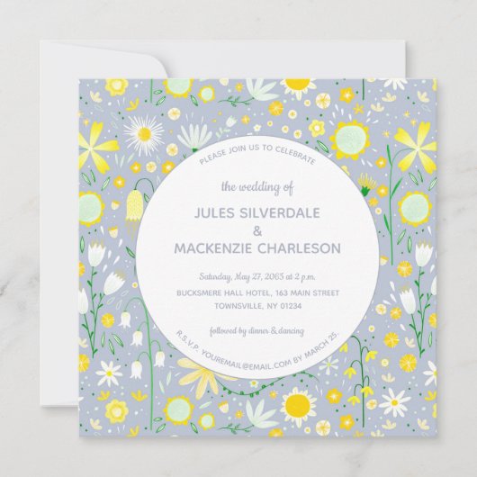 Modern Blue Yellow Floral Wedding Kaart (Voorkant)