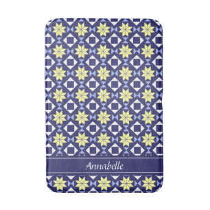 Modern Blue Yellow Moroccan Floral Pattern Name Badmat
