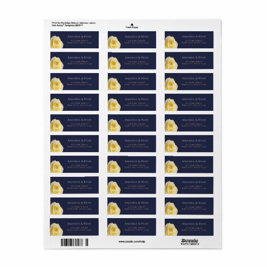 Modern Blue Yellow Rose Floral Wedding Address Etiket (Full Sheet)