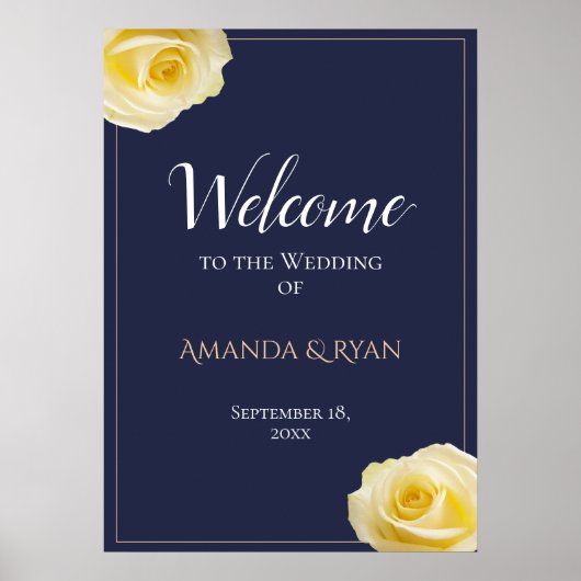 Modern Blue Yellow Roses Floral Wedding Welcome Poster (Voorkant)