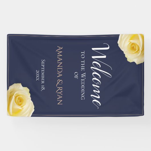 Modern Blue Yellow Roses Floral Wedding Welcome Spandoek (Horizontaal)
