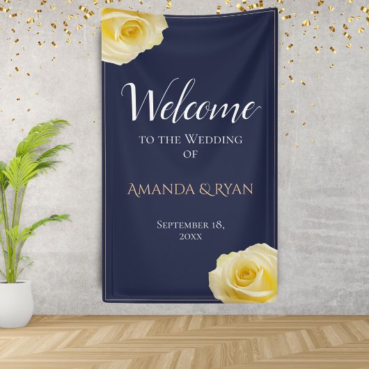 Modern Blue Yellow Roses Floral Wedding Welcome Spandoek
