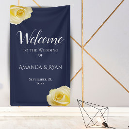 Modern Blue Yellow Roses Floral Wedding Welcome Spandoek