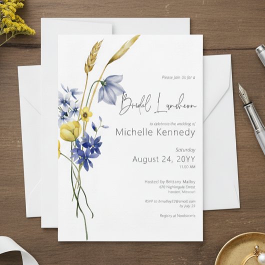 Modern Blue & Yellow Wildflowers Bridal Luncheon Kaart