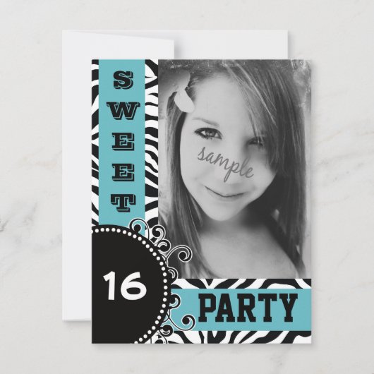 Modern Blue Zebra Sweet 16 Birthday Party Kaart (Voorkant)