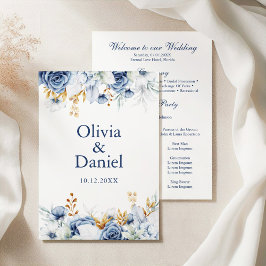 Modern Bluen en Gold Floral Wedding Programma Programmakaart
