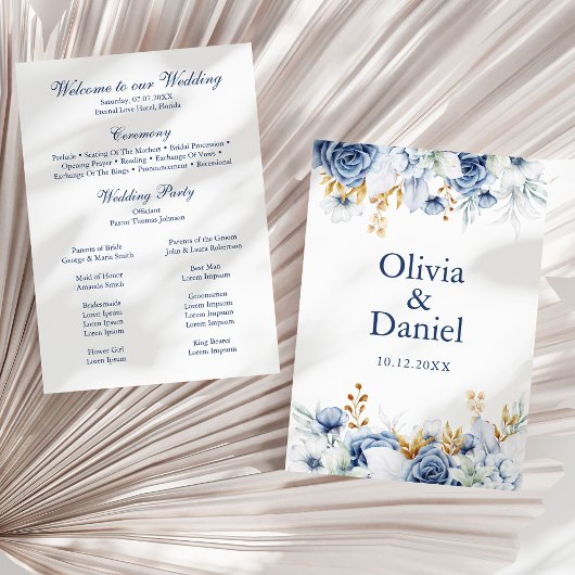 Modern Bluen en Gold Floral Wedding Programma Programmakaart
