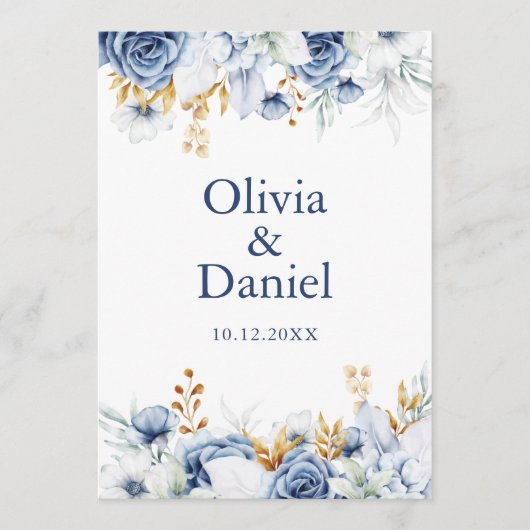 Modern Bluen en Gold Floral Wedding Programma Programmakaart (Voorkant)