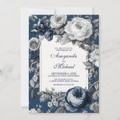 Modern Blues & Grey Bloemen Huwelijk Kaart (Voorkant)