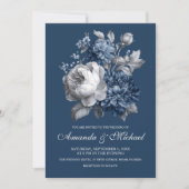 Modern Blues & Grey Bloemen Huwelijk Kaart (Voorkant)