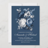 Modern Blues & Grey Bloemen Huwelijk Kaart (Voorkant)