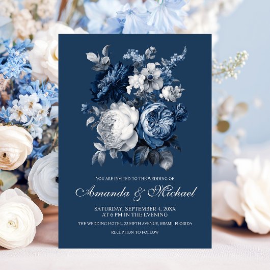 Modern Blues & Grey Bloemen Huwelijk Kaart