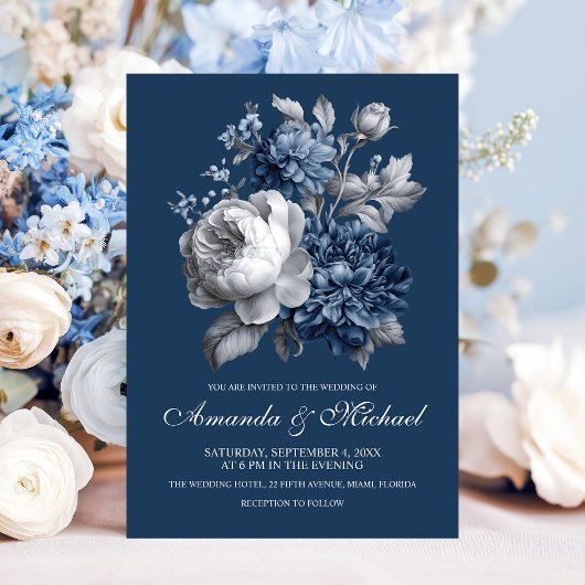 Modern Blues & Grey Bloemen Huwelijk Kaart