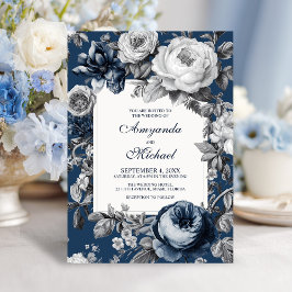 Modern Blues & Grey Bloemen Huwelijk Kaart