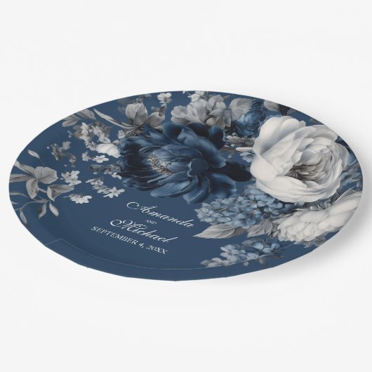 Modern Blues & Grey Bloemen Huwelijk Papieren Bordje (Gekanteld)