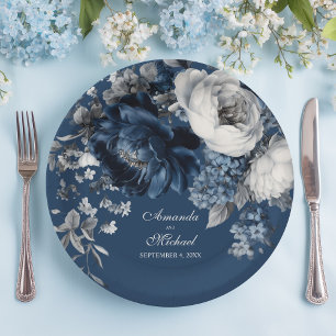Modern Blues & Grey Bloemen Huwelijk Papieren Bordje