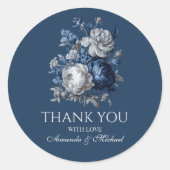 Modern Blues & Grey Bloemen Huwelijk Ronde Sticker (Voorkant)