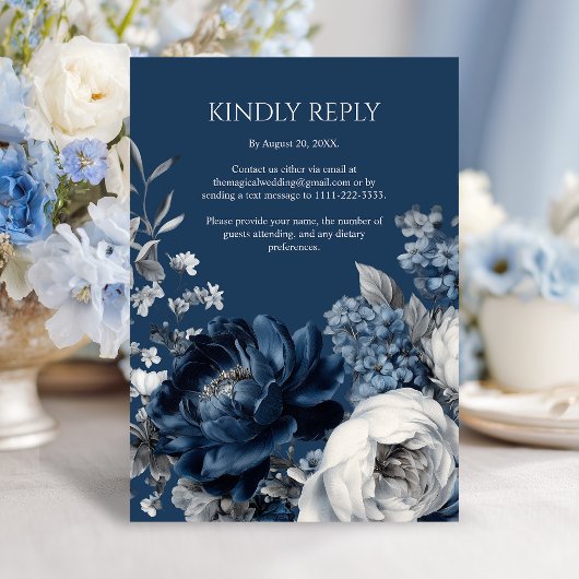 Modern Blues & Grey Bloemen Huwelijk RSVP Kaartje