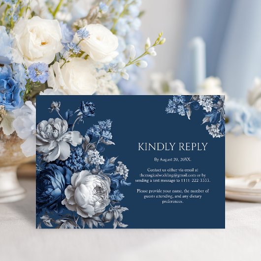Modern Blues & Grey Bloemen Huwelijk RSVP Kaartje