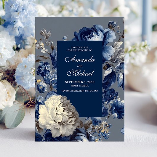 Modern Blues & Grey Bloemen Huwelijk Save The Date