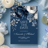 Modern Blues & Grey Bloemen Huwelijk Save The Date