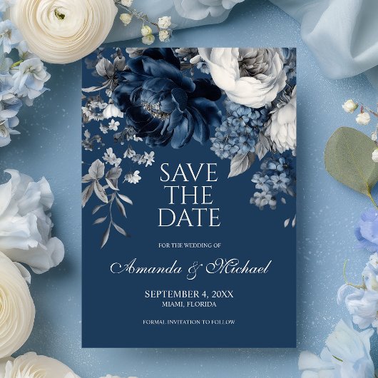 Modern Blues & Grey Bloemen Huwelijk Save The Date