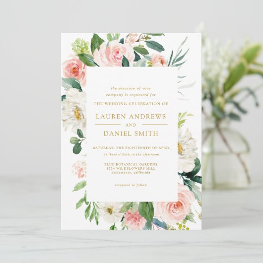 Modern Blush | Alles in één gouden Floral bruiloft Kaart (Staand voorkant)