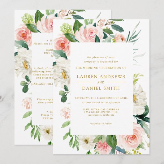 Modern Blush | Alles in één gouden Floral bruiloft Kaart (Voorkant / Achterkant)