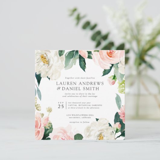 Modern Blush | Alles in één roze botanische bruilo Kaart (Staand voorkant)