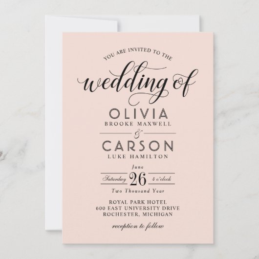 Modern Blush and Black Script Wedding Kaart (Voorkant)
