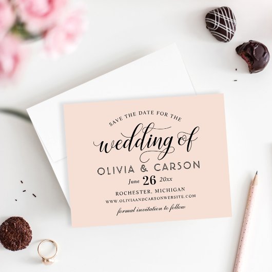 Modern Blush and Black Script Wedding Save The Date