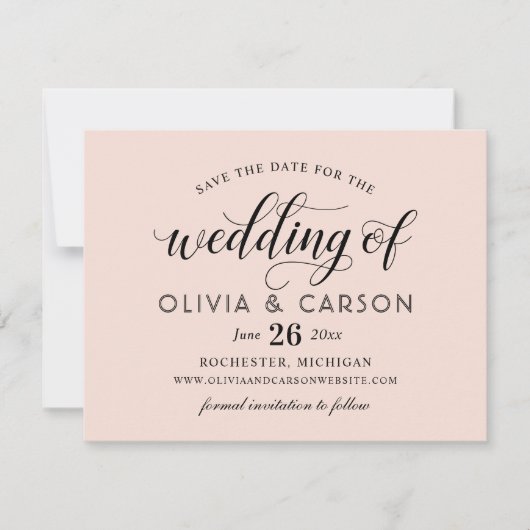 Modern Blush and Black Script Wedding Save The Date (Voorkant)