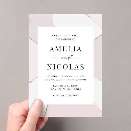 Modern Blush and Gold Foil Geometric Wedding Acryl Uitnodigingen (Insitu (Draagbaar))