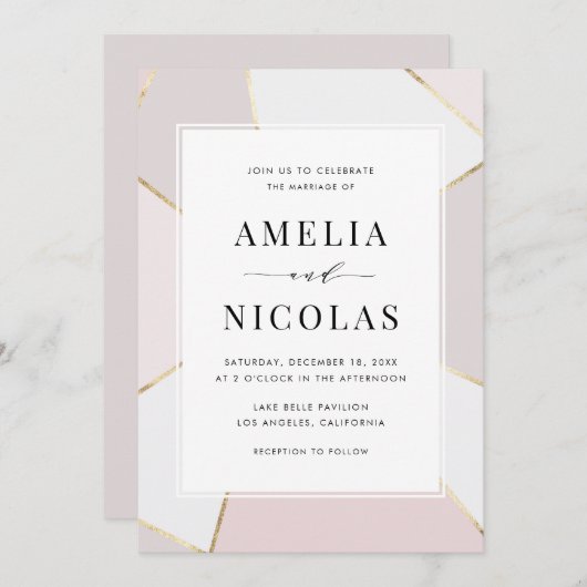 Modern Blush and Gold Foil Geometric Wedding Kaart (Voorkant / Achterkant)