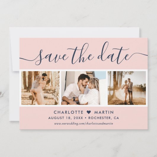 Modern Blush and Navy Blue Wedding 4 Foto Save The Date (Voorkant)