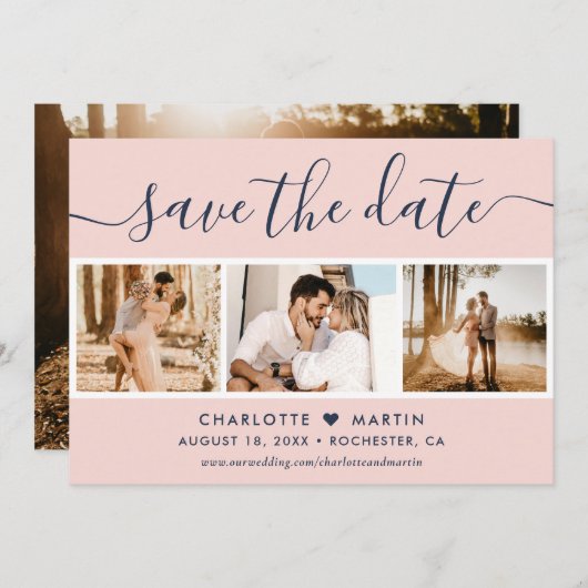 Modern Blush and Navy Blue Wedding 4 Foto Save The Date (Voorkant / Achterkant)