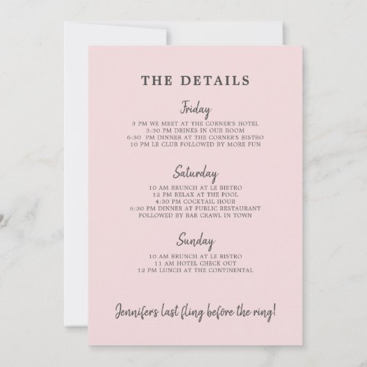 Modern Blush Bachelorette Weekend Itinerary Kaart (Achterkant)