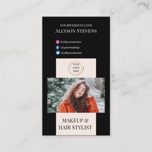Modern Blush & Black Make-up Hair Stylist QR Code Visitekaartje (Voorkant)