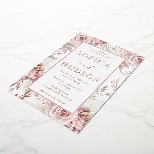 Modern Blush Bloemen Bruiloft Roos Gold Folie Uitnodiging (Gedraaid)