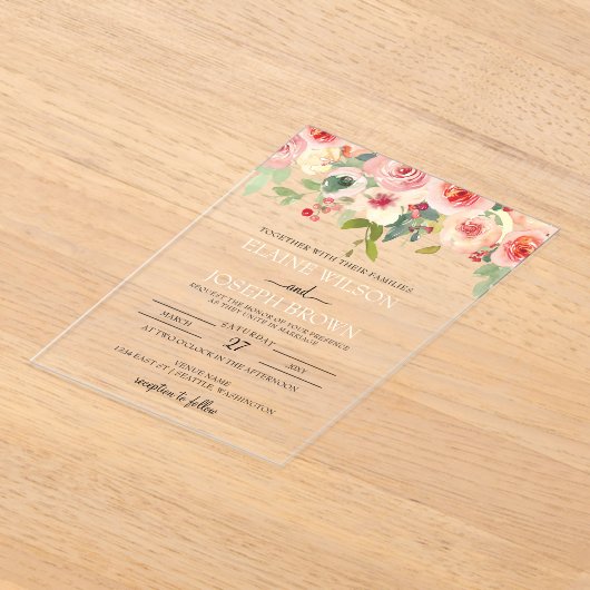 Modern Blush Bloemen Huwelijk Acryl Uitnodigingen (Laagn)