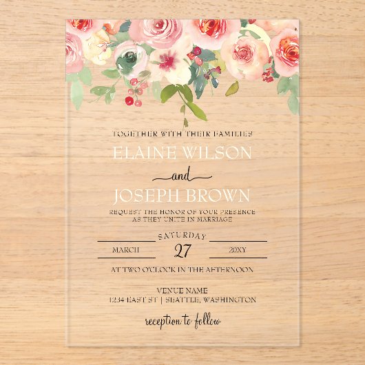 Modern Blush Bloemen Huwelijk Acryl Uitnodigingen (Voorkant)