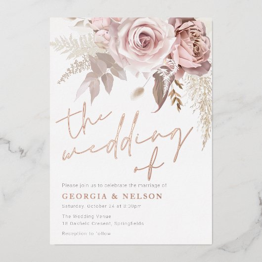 Modern Blush Bloemen Roos Goud De bruiloft van Folie Uitnodiging (Voorkant)