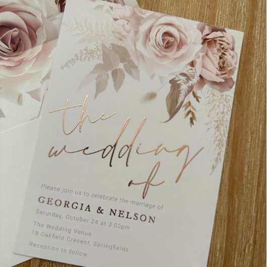 Modern Blush Bloemen Roos Goud De bruiloft van Folie Uitnodiging