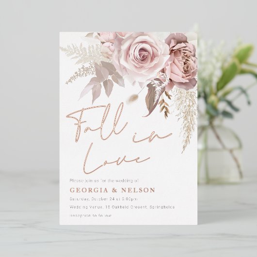 Modern Blush Bloemen Roos Gouden Herfst In Liefde  Folie Uitnodiging (Staand Voorkant)